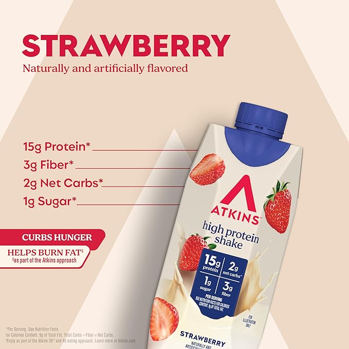 Atkins Strawberry Flavored Protein Shake, High Protein, Low Glycemic, Low Sugar and Low Carb, Keto Friendly, Gluten Free, 12 Count