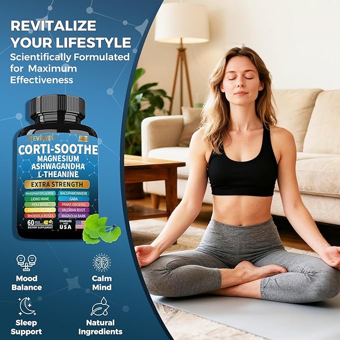 Corti-Soothe Cortisol Supplement for Women and Men with Magnesium Glycinate 200mg, L-Theanine 150mg, Phosphatidylserine 50mg & Manager Holy Basil Ginkgo Biloba Bacopa Monnieri Valerian 60 Capsules