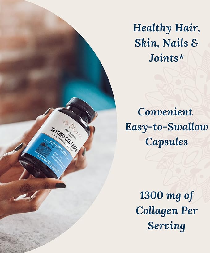 Live Conscious Beyond Collagen Multi Collagen Capsules - Types I, II, III, V & X | Hydrolyzed Blend with Biotin & Vitamin C for Hair, Skin, Nails 90 Capsules (4-Pack)