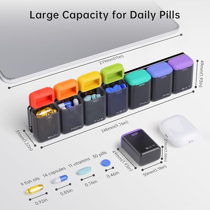 KOVIUU Weekly Pill Organizer Magnetic, Removable Pill Box 7 Day 1 Time a Day, Large Travel Pill Case, Week Once Daily Medication Dispenser, Medicine Container Holder for Supplement, Vitamin, Black