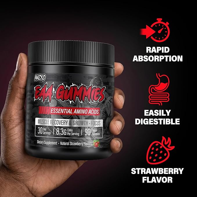 EAA Gummies - 2:1:1 BCAA Formula (8300mg) - Essential Amino Acids for Muscle Recovery & Endurance - Non-GMO, Gluten Free, Sugar Free, Vegetarian, Strawberry Flavor - 90 Count