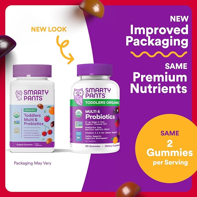 SmartyPants Organic Toddler Multivitamin Gummies: Probiotics, Omega 3 (ALA), Vitamin D3, C, Vitamin B12, B6, A, K & Zinc, Beta Carotene, Gluten Free, Three Fruit Flavors, 60 Count (30 Day Supply)