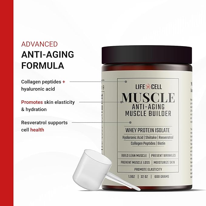 LifeCell Whey Protein – Anti-Aging Muscle Builder with Shiitake Mushroom, Collagen & Hyaluronic Acid – Chocolate, No Sugar Added, Soy-Free, Gluten-Free, 600g (18 Servings)