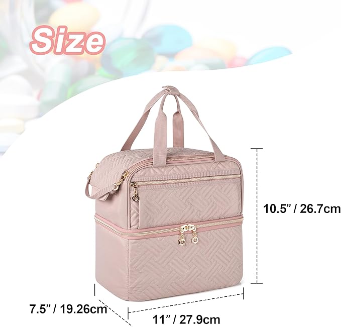 Damero Double Layers Pill Bottle Organizer Empty, Lockable Medicine Storage Bag Medication Travel Bag with 4 Customized Dividers for Prescription Bottles, Medical Supplements,Misty Rose