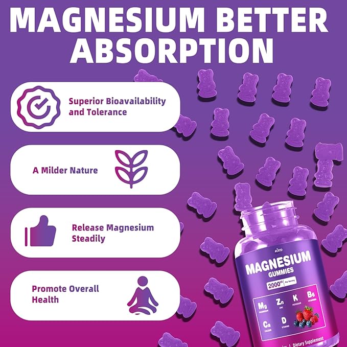 Magnesium Gummies, 2000mg Magnesium with VIT D & B6, for Immunity Support, Sugar Free Mixed Berry Flavor, 60 Gummies