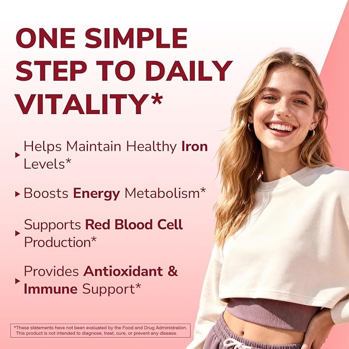 Iron Supplement for Women & Men, 65 mg, Ferrous Sulfate, Vitamin C, D3, B6, B12, Folate, Beet Root, Spinach, Pumpkin Seeds, Nettle, for Red Blood Cell & Energy Production, 60 Tablets