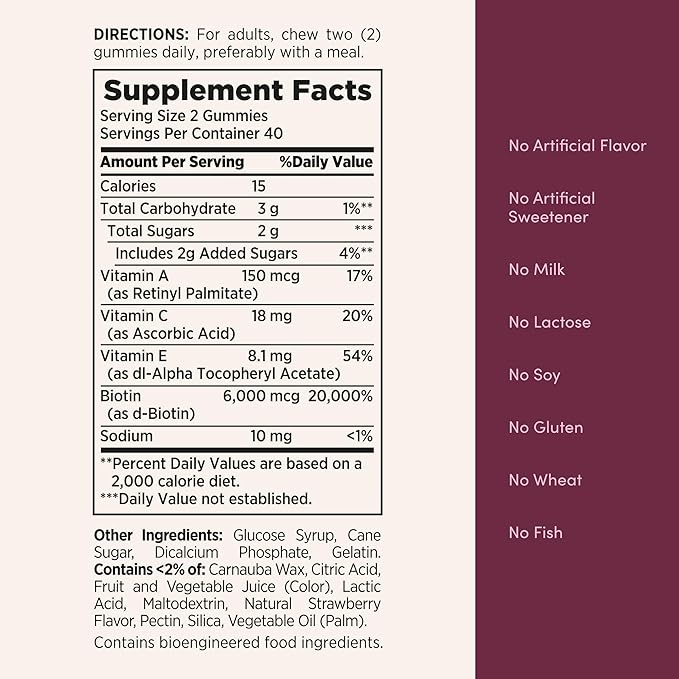 Nature's Bounty Optimal Solutions Hair, Skin & Nails Vitamin Gummies with Biotin, 2500 mcg, Strawberry, 80 Count, 40 Total Servings
