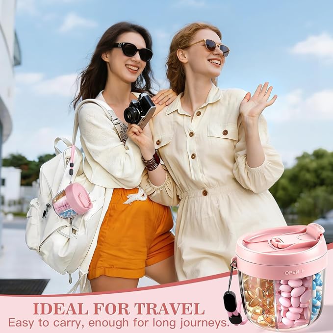Pill Organizer,Travel Essentials Pill Container, Travel Pill Dispenser with Pink Lid，Pill Case Having 7 Large Compartments,Vitamin Organizer for Home Organization,Travel Containers