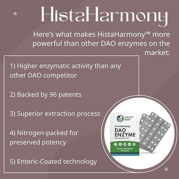 Healthy Gut HistaHarmony | Delayed Release DAO Enzyme Supplement | 30,000 HDU Diamine Oxidase Histamine Blocker | 60 Servings