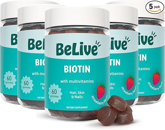 BeLive Biotin Gummies - Skin, Nails & Hair Vitamins with A, C, D, E, B12, Zinc, Folate & Inositol, Biotin Supplement for Anti-Aging, Energy & Collagen Boost, Multivitamin Gummies - Strawberry | 5-Pack