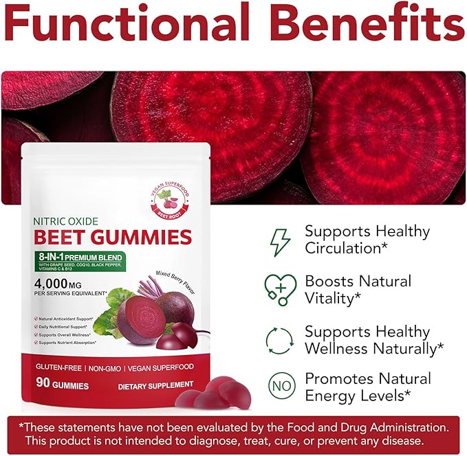 Beets Gummies, Blood Pressure Support, 90 Beet Chews Liposomal Beet Powder for Superior Absorption, Grape Seed for Nitric Oxide, Circulation & Heart Health, Vegan, Non-GMO