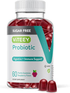 Viteey Probiotic Gummies for Women, Men & Teens, 2 Billion CFUs - Sugar Free - Immune Booster, Digestive Support, Gut Health - Vegan, Gelatin Free, GMO Free - Tasty Chewable Raspberry Flavored Gummy