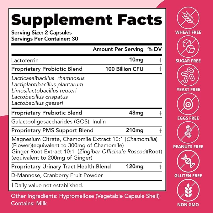 Vaginal Probiotics – pH Balance, Feminine Odor Control & Yeast Support, Probiotics for Women with Prebiotics & Lactobacillus Blend, 60 Capsules