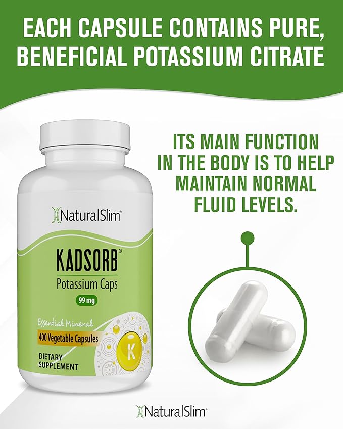NaturalSlim Natural Potassium Citrate Gluconate 99 mg - Kadsorb Supports Electrolyte Balance & Normal pH - Absorbable Potassium Supplements with Essential Minerals - Non GMO 400 Capsules 3 Pack
