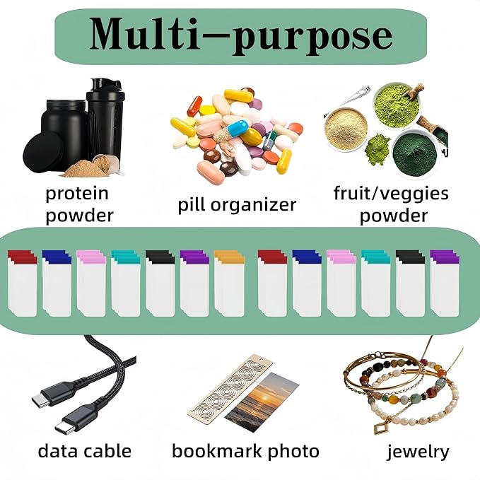 21 Pack Protein Powder Travel Bulk Containers 7 Colors Mixed Reusable Resealable Portable Bags Clear EVA Packets to Go Supplement Storage Organizer for Gym Workout Fitness