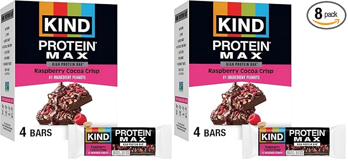 KIND Protein MAX, Raspberry Cocoa Crisp, 20g Protein, 1g Sugar, Low Sugar, High Protein Snack Bars, 4 Count (Pack of 2)