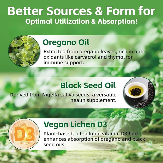 Oregano Oil Gummies 300mg | Oil of Oregano with 200mg Black Seed Oil + D3 1000IU | Organic Oregano Chewable Supplements | Carvacrol + Thymoquinone | Vegan, Non GMO | Immune & Gut Support | 60 Cts