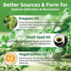 Oregano Oil Gummies 300mg | Oil of Oregano with 200mg Black Seed Oil + D3 1000IU | Organic Oregano Chewable Supplements | Carvacrol + Thymoquinone | Vegan, Non GMO | Immune & Gut Support | 60 Cts