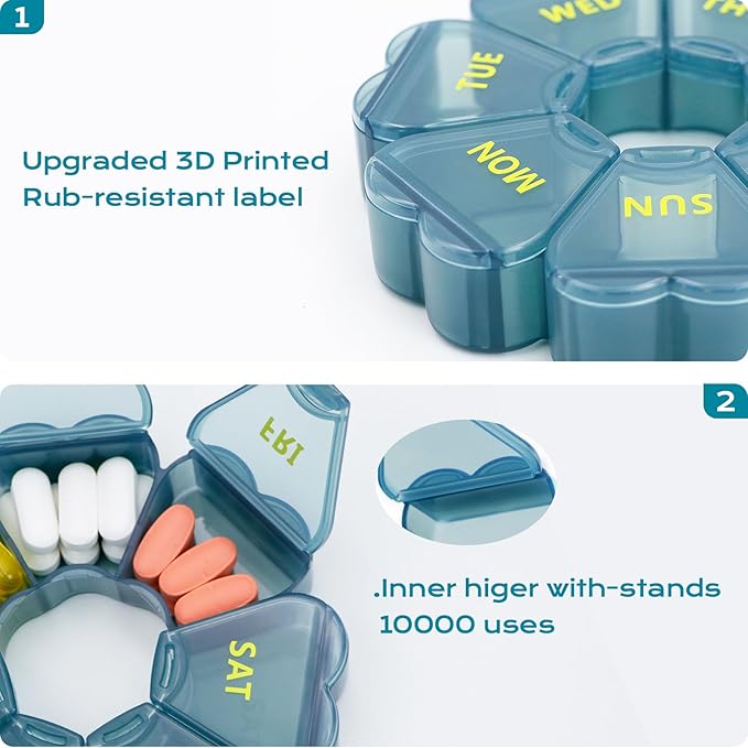 Pill Organizer Weekly - Cute Medicine Pill Organizer 7 Day, Large Daily Pill Box for Travel, SHIJOINYU Pill Dispenser Case 1 Time a Day for Medication/Supplement/Fish Oil (Blue)