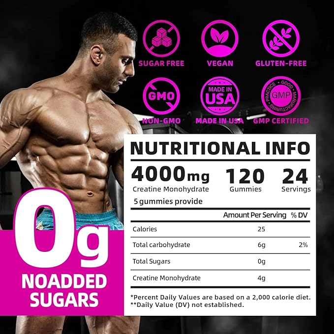 Creatine Monohydrate Gummies 4g per Serving, Creatine Gummies for Men & Women, Pre Workout, Energy, Strength, Muscle Support, Recovery, Sugar Free, Gluten-Free, Vegan, Non-GMO, 120 Count