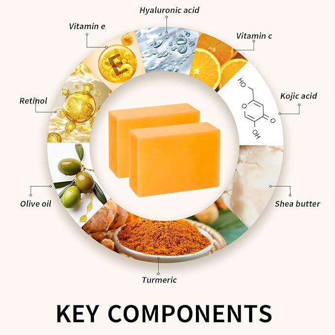 Kojic Acid Soap for Dark Spot Remover Bars with Turmeric, Vitamin C, Retinol, Collagen with Hyaluronic Acid, Vitamin E, Shea Butter, Castile Olive Oil - 3.52 OZ x 2 Bars with Bag