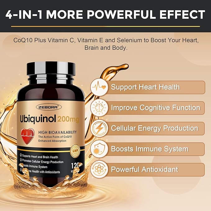ZEBORA Ubiquinol CoQ10 200mg Softgels, 4-in-1 Powerful Antioxidant for Heart and Vascular Health, Essential for Energy Production, Max Absorption Active Form of CoQ10, 120 Softgels