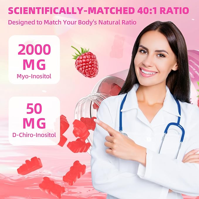 Myo-Inositol & D-Chiro Inositol Gummies, Ideal 40:1 Ratio Supplement for Women with Vitamin D3 & B12 for Support Hormonal Balance & Wellness, Sugar Free, Raspberry, 60 Count