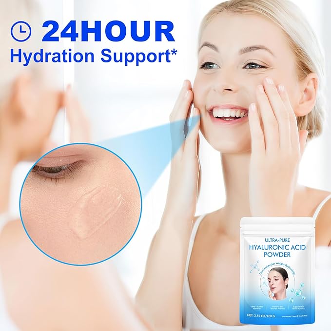Hyaluronic Acid Serum Powder for Skin,Low and High Molecular Weight,Cosmetics Grade Skin Hydration and Moisture Support Supplements - Vegan, Water Soluble 100 Grams