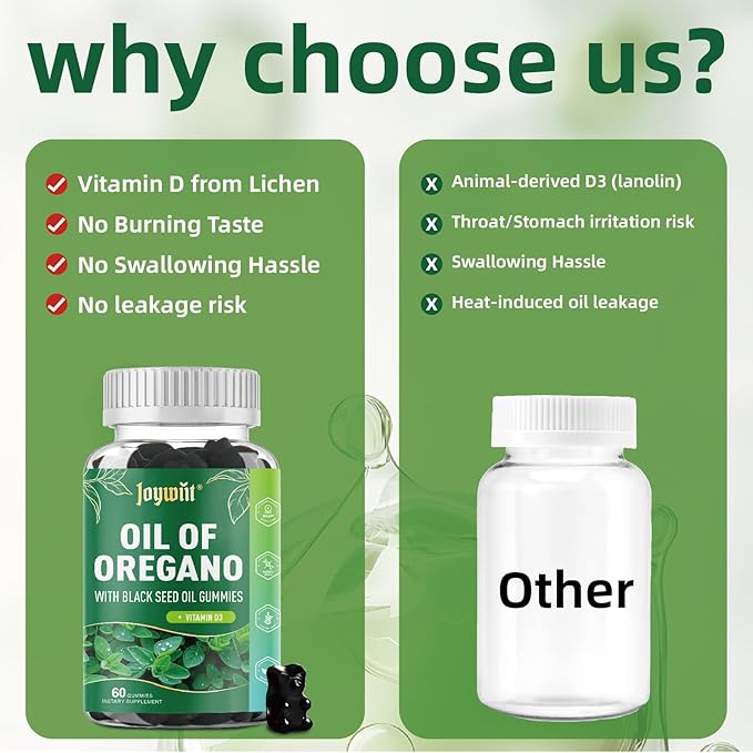 Oregano Oil Gummies 300mg | Oil of Oregano with 200mg Black Seed Oil + D3 1000IU | Organic Oregano Chewable Supplements | Carvacrol + Thymoquinone | Vegan, Non GMO | Immune & Gut Support | 60 Cts