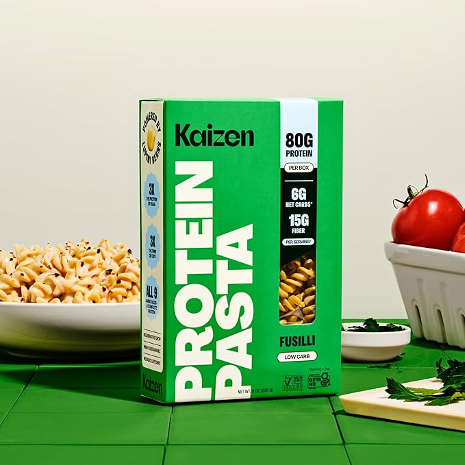 Kaizen Fusilli Protein Pasta, 20g Protein, Low Carb (6g Net Carbs), Keto-Friendly, Gluten-Free, Plant-Based Lupini Noodles, High Fiber, 8 Ounce, Pack of 3