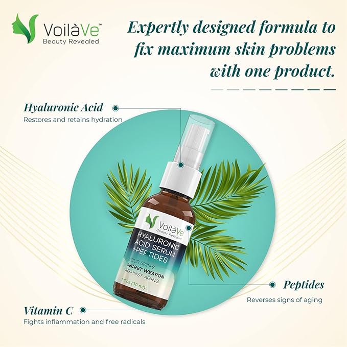 VoilaVe Hyaluronic Acid Serum for Face - 100% Pure, Hydrating & Anti-Aging Formula with Collagen Peptides - Plumps, Moisturizes, Reduces Wrinkles & Dark Spots - Non-Greasy, Paraben-Free, 1 fl. oz