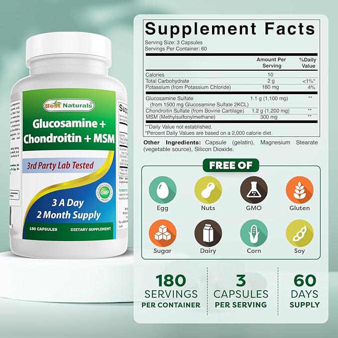 Best Naturals, Glucosamine Chondroitin and MSM Joint Supplements, 2600 mg per Serving, (180 Count (Pack of 3))
