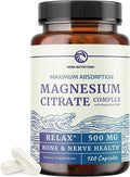 Magnesium Citrate 500 MG (120ct) for Calm & Relaxation | High Absorption Magnesium Supplement with Elemental Mag Oxide | Constipation & Digestion Support | Gluten-Free, Soy-Free | 4-Month Supply