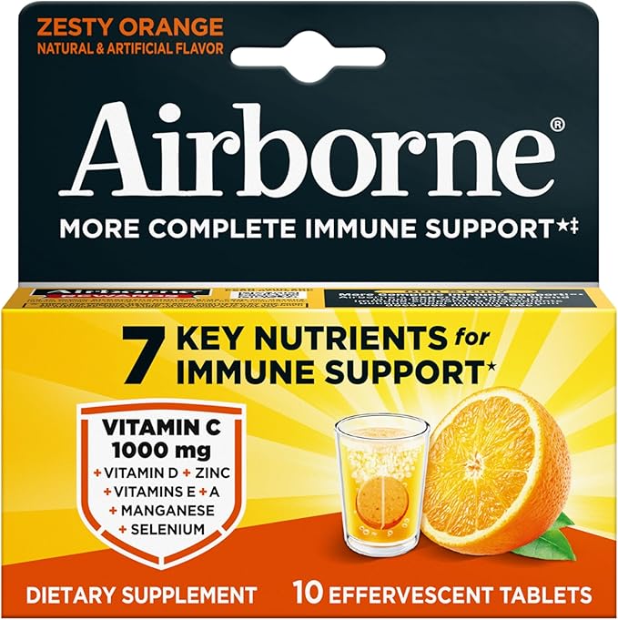 Airborne Immune Support Effervescent Tablets, Zesty Orange Flavor - 10ct with 1000mg Vitamin C + Vitamins A, D, E, Zinc, Selenium, Manganese & Herbal Blend - Sugar‑Free, Gluten‑Free