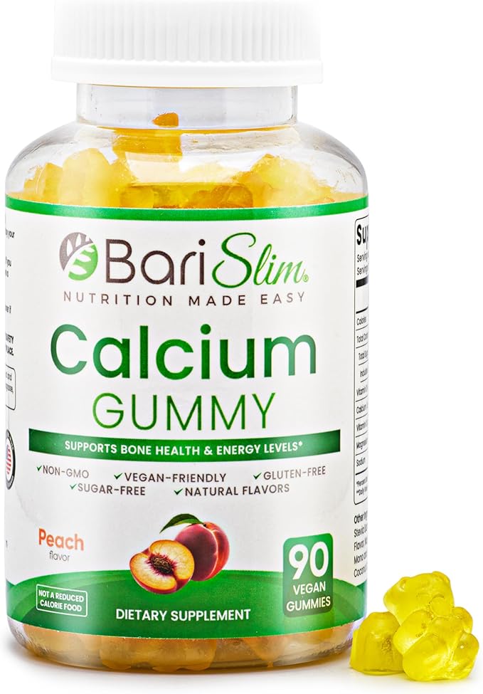 BariSlim Bariatric Calcium Gummies - Specially Formulated Bariatric Vitamins for Patients After Weight Loss Surgery - Supports Energy Levels & Bone Health | Peach (90 Vegan Gummies)