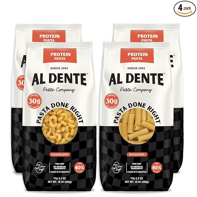 Al Dente Protein Pasta Cavatappi & Rigatoni – 30g High Protein in 3.5oz Serving, Lower Carb, High Fiber. Cage-Free Eggs & Semolina. (Previously Carba-Nada, Packaging May Vary) - 10oz Bags (Pack of 4)