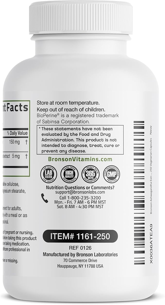 Bronson Ashwagandha Extra Strength Stress & Mood Support with BioPerine - Non GMO Formula, 250 Vegetarian Capsules