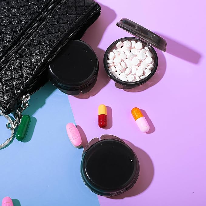 WLLHYF 4 Pcs Mini Pill Organizer Small Pill Box Cute Portable Pill Case for Pocket Purse Travel Storage Containers Earplug Case Medicine Dispenser Vitamin Holder(4 Black)