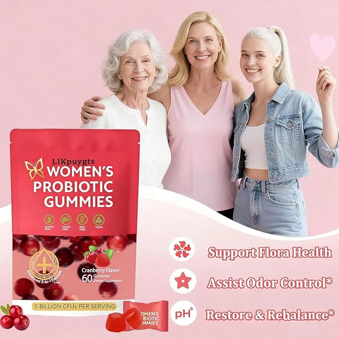 Prebiotic Nutritional Supplements Probiotic Gummies for Women-Women Exclusive pH Balanced probiotics-Controlling Off Flavors -Enriched with 5 Billion CFUs of Active Bacteria（60）