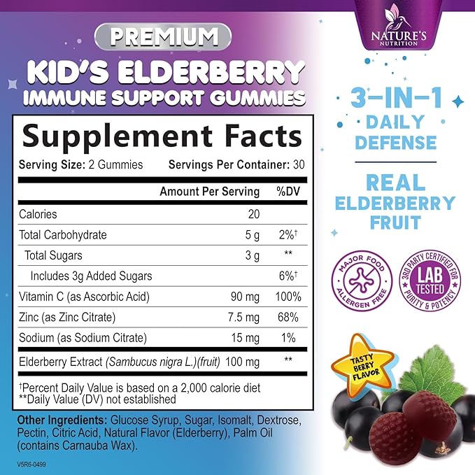Kids Immune Support Elderberry Gummies - Daily Children's Vitamins C, Zinc & Kids Support Gummy - Nature's Sambucus Elderberry Supplement, Vegan, Gluten-Free, Tasty Berry Flavor - 60 Gummies
