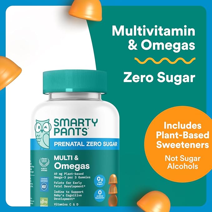 SmartyPants Zero Sugar Prenatal Multivitamin Gummies: Choline, Methylfolate, Omega 3 (ALA), Vitamin D3, C, Vitamin B12, B6, A, K, Zinc, Biotin, Gluten Free, No Sugar Alcohols, 90 Count (30 Day Supply)