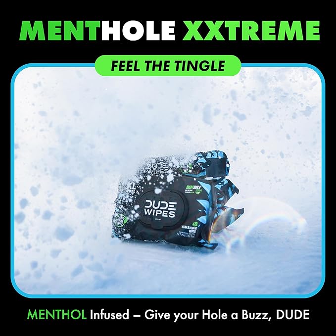 DUDE Wipes MentHOLE XXtreme Flushable Wipes - Menthol Infused Extra-Large Adult Wet Wipes - 1 Pack (48 Count), Travel Pack - Infused with Menthol for a Cooling Sensation - Septic and Sewer Safe