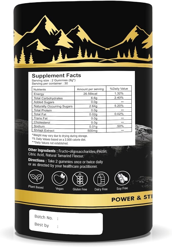 Pure Himalayan Shilajit Gummies – 75%+ Fulvic Acid, High Potency Gold Grade – Blend for Energy, Vitality & Immune Support, Travel - Friendly, Tamarind Flavor – 60 Gummies