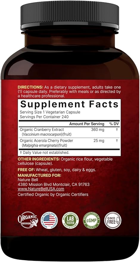 NatureBell 2 Pack Cranberry Concentrate with Acerola, 240 Vegetarian Capsules | Organic Cranberry Fruit Extract with Organic Acerola Cherry – Non-GMO, cGMP Manufactured