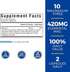 10 in 1 Magnesium Complex, 420mg Elemental Magnesium | Ultra Strength, Max Absorption | Chelated Magnesium Supplement for Nerves, Bone & Heart Health | Non-GMO, 180 Vegan Capsules