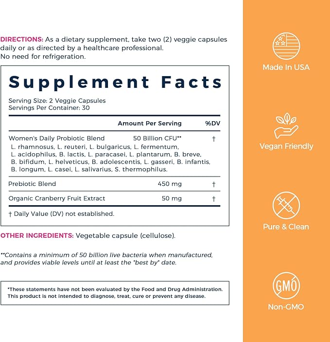 NewRhythm Women's Probiotics, Organic Cranberry, 50 Billion CFU 18 Strains, Probiotics with Prebiotics, Support Digestive Health, No Refrigeration Needed, Non-GMO, No Soy, 60 Vegan Capsules, No Dairy