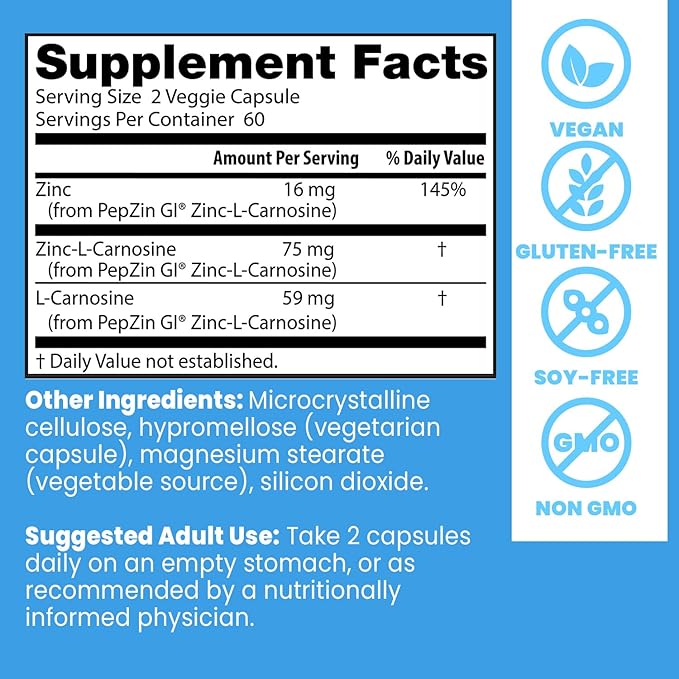 Doctor's Best PepZin GI, Zinc-L-Carnosine Complex for Men & Women - Zinc Carnosine Supplement Caps for Gut Health, Digestive Support, & Stomach Comfort, Vegan, Gluten Free - 120 Veg Capsules