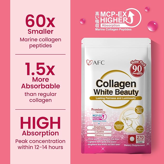 AFC Japan Collagen White Beauty with Marine Collagen Peptide, Glutathione, L-Cystine - 1.5X Better Absorption Than Other Collagen – Supports Skin Firmness & Radiance x3 Packs – 270 Days Supply