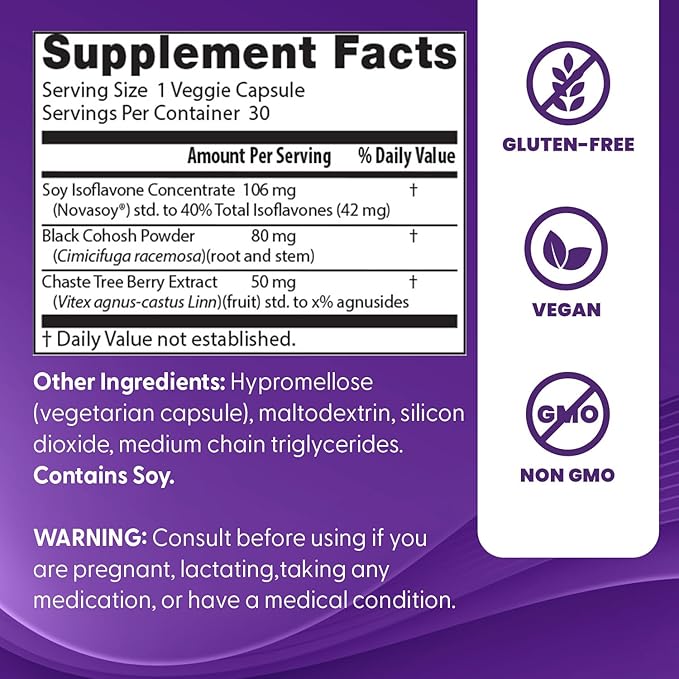 Doctors Best Womens Menopause Support (Soy Isoflavone, Black Cohosh, Chaste Tree), Multi-Symptom Relief, Non-GMO, Gluten Free, Vegan 30 Veggie Caps