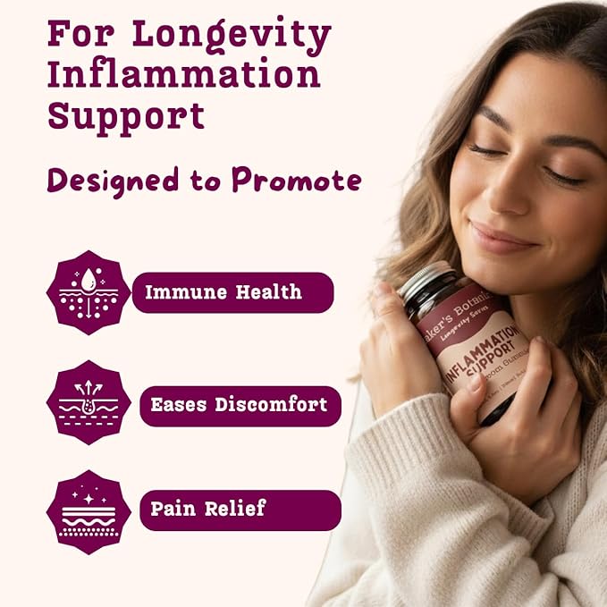 Baker's Botanics Longevity Inflammation Support Gummies - Mushroom Gummies for Complete Women Wellness | Chaga, Maitake, Turmeric, Astragalus & Zinc | Peach Flavor | Vegan, Gluten-Free, Non-GMO